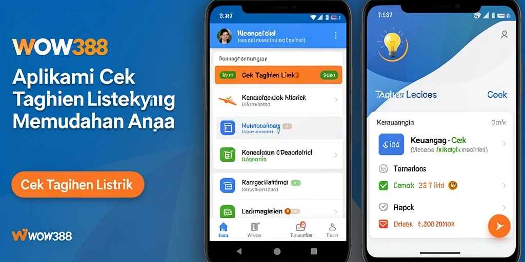 Antarmuka aplikasi WOW388 menampilkan fitur cek tagihan listrik yang modern.